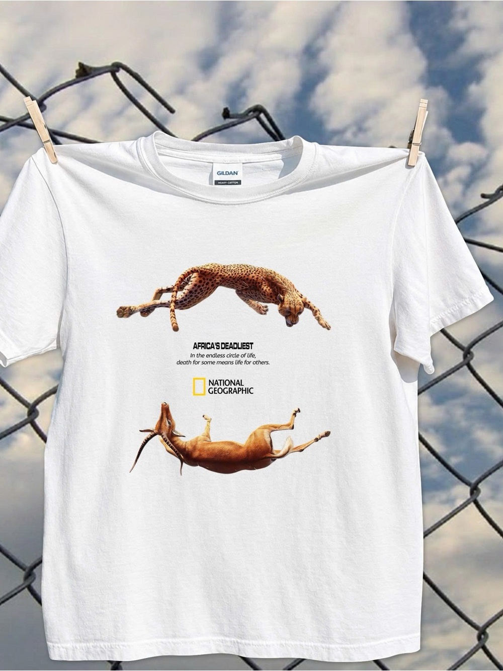 Gildan White Short-Sleeve Tee with Cheetah & Gazelle Graphic